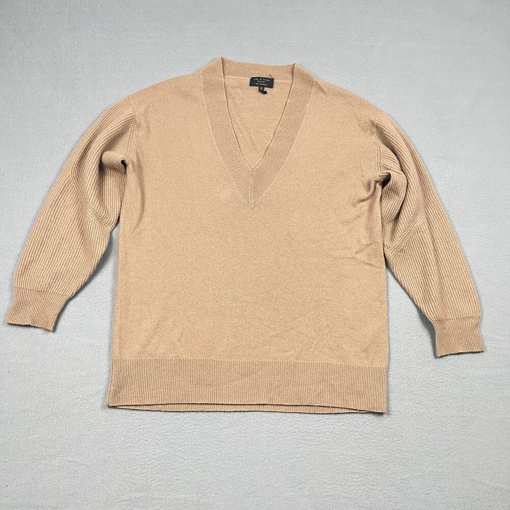 Rag & Bone 100% Cashmere V Neck Knit Beige Camel Oversized Pullover Women's XS